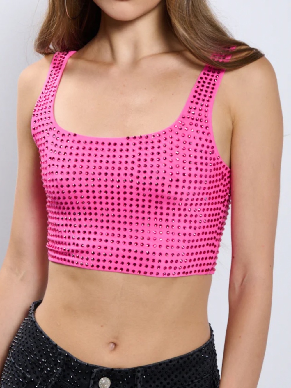IT GIRL ENERGY RHINESTONE EMBELLISHED CROPPED TANK IN PINK - 1X